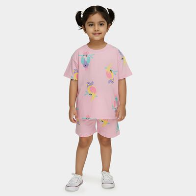 Girls' Pink Cotton Crew Neck Casual Top and Shorts Set
