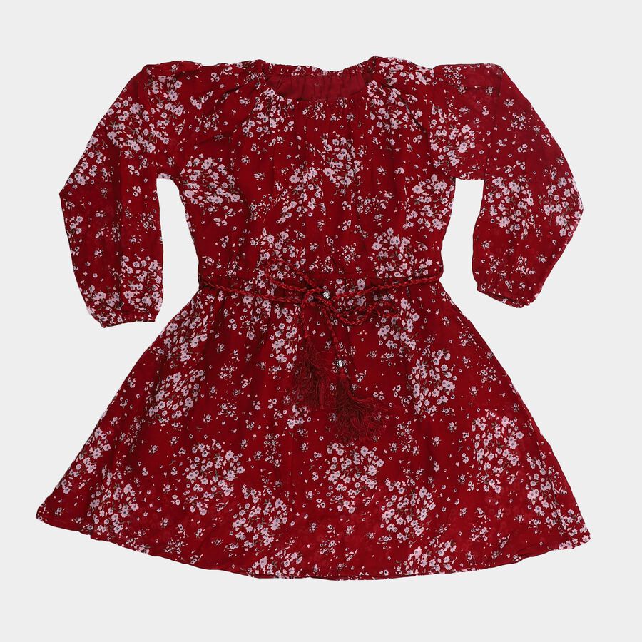 Girls' Deep Crimson Red Round Neck Floral Print Dress, वाइन, large image number null