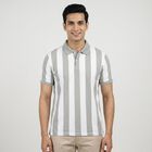 Men's Grey Polo Neck Striped T-Shirt, Light Grey, small
