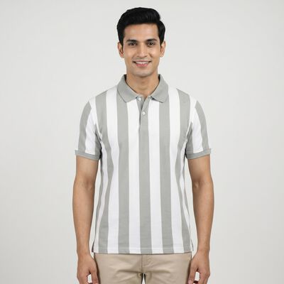 Men's Grey Polo Neck Striped T-Shirt