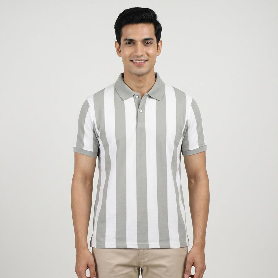 Men's Grey Polo Neck Striped T-Shirt, Light Grey, large