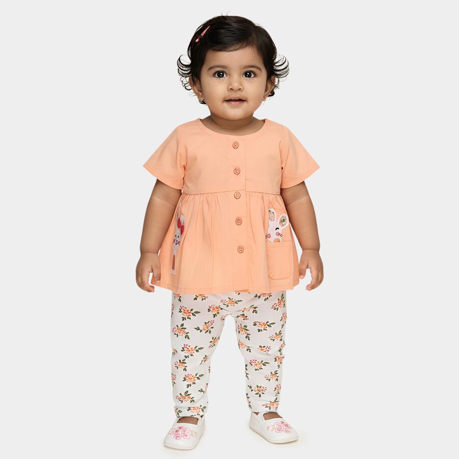 Infants' Peach Cotton Round Neck Applique Top and Capri Set, Peach, large