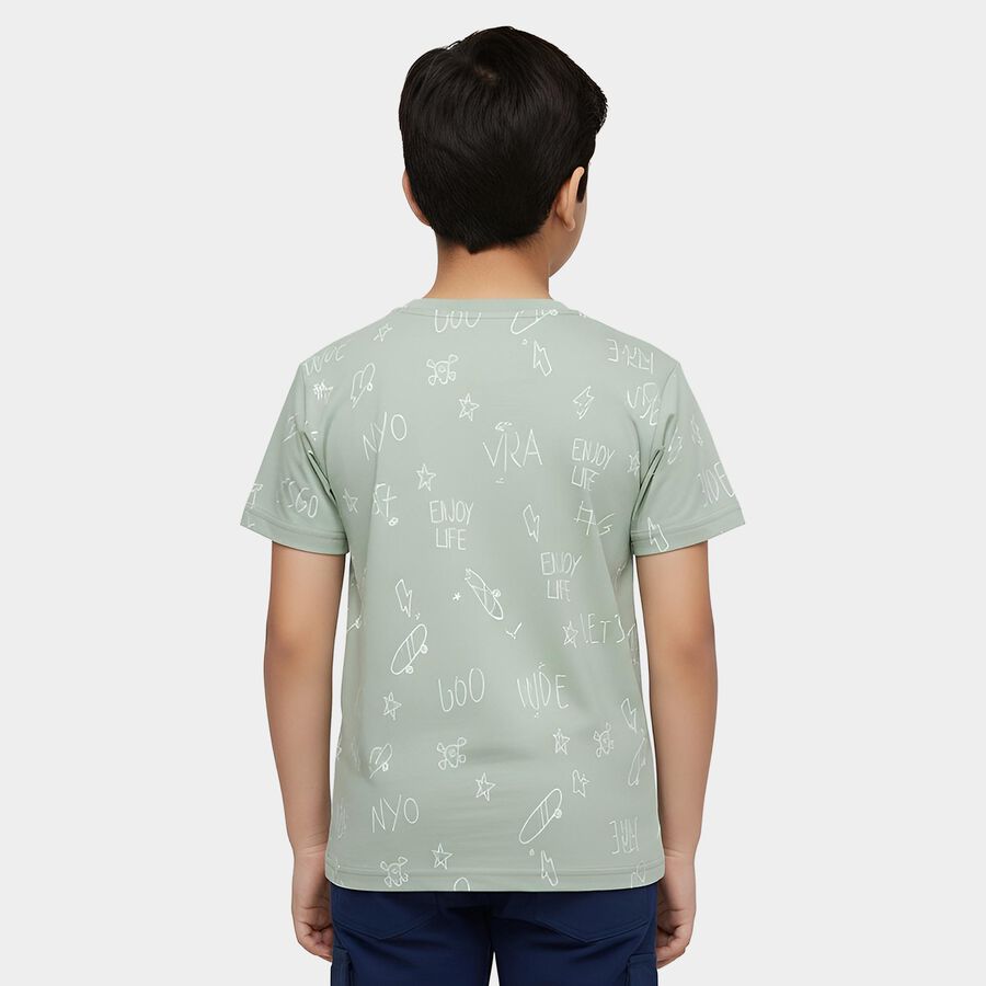 Boys Green Round Neck Graphic Printed T-Shirt, Light Green, large