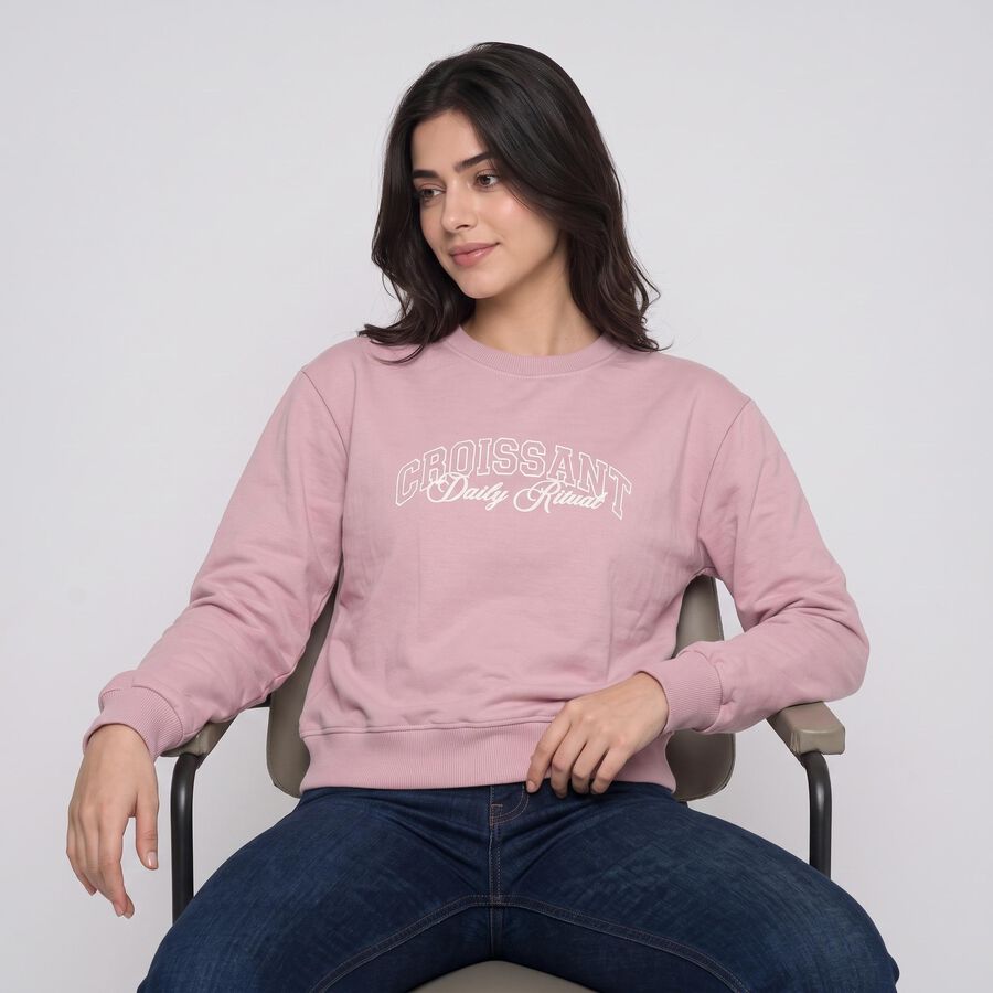 Women's Lilac Crew Neck Graphic Print Pullover Sweatshirt, लाइलेक, large