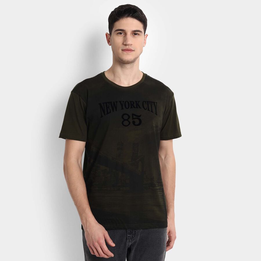 Cotton Printed Round Neck T-Shirt, Olive, large image number null