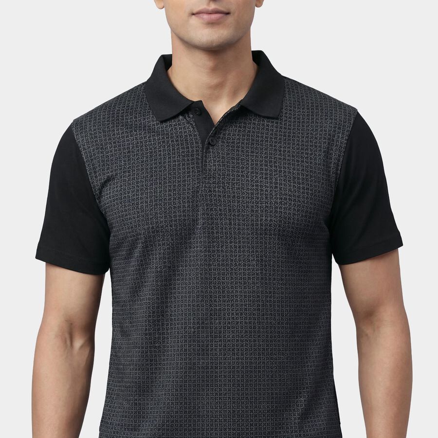 Men's Black Round Neck Athleisure T-Shirt, काला, large