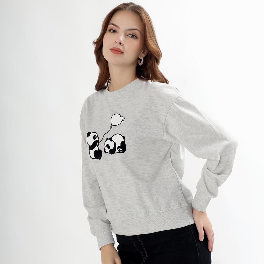 Women's Light Grey Crew Neck Casual Sweatshirt, Melange Light Grey, large image number null