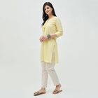 Women's Soft Lemon Yellow Round Neck Printed Kurta, पीला, small