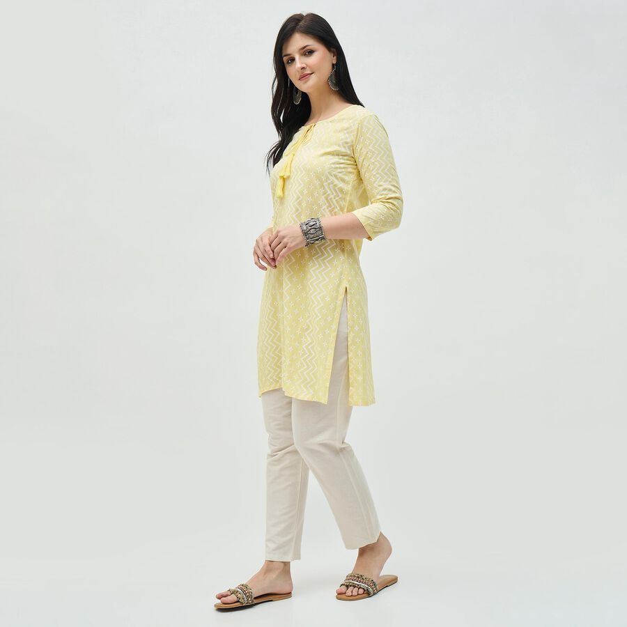 Women's Soft Lemon Yellow Round Neck Printed Kurta, पीला, large