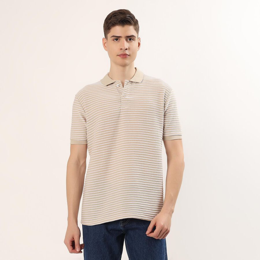 Men's Beige Polo Neck Preppy T-Shirt, Beige, large