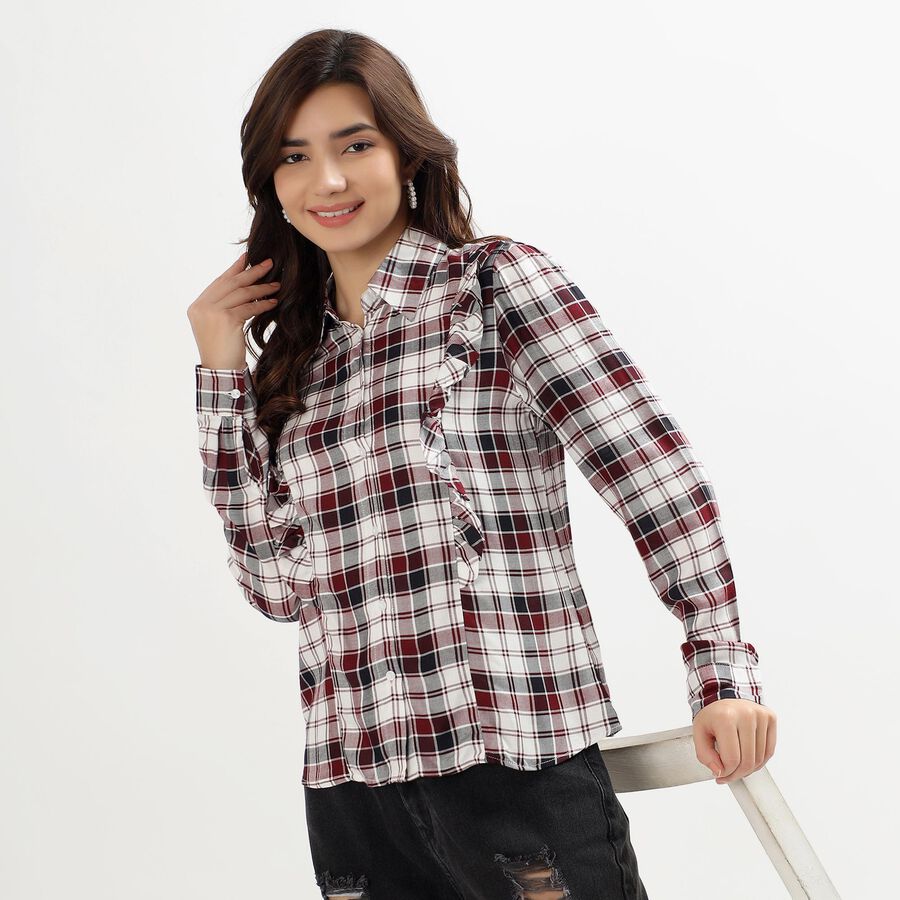 Ladies' White Checked Classic Collar Casual Shirt, Off White, large image number null