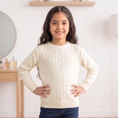 Girls Cream Crew Neck Cable Knit Pullover