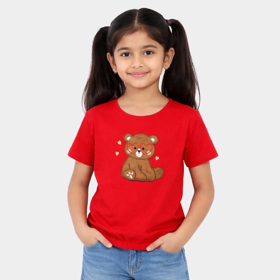 Girls Red Cotton Round Neck Casual T-Shirt, Red, large