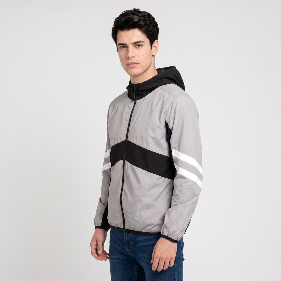Men's Grey Hooded Windbreaker Jacket, हल्का ग्रे, large