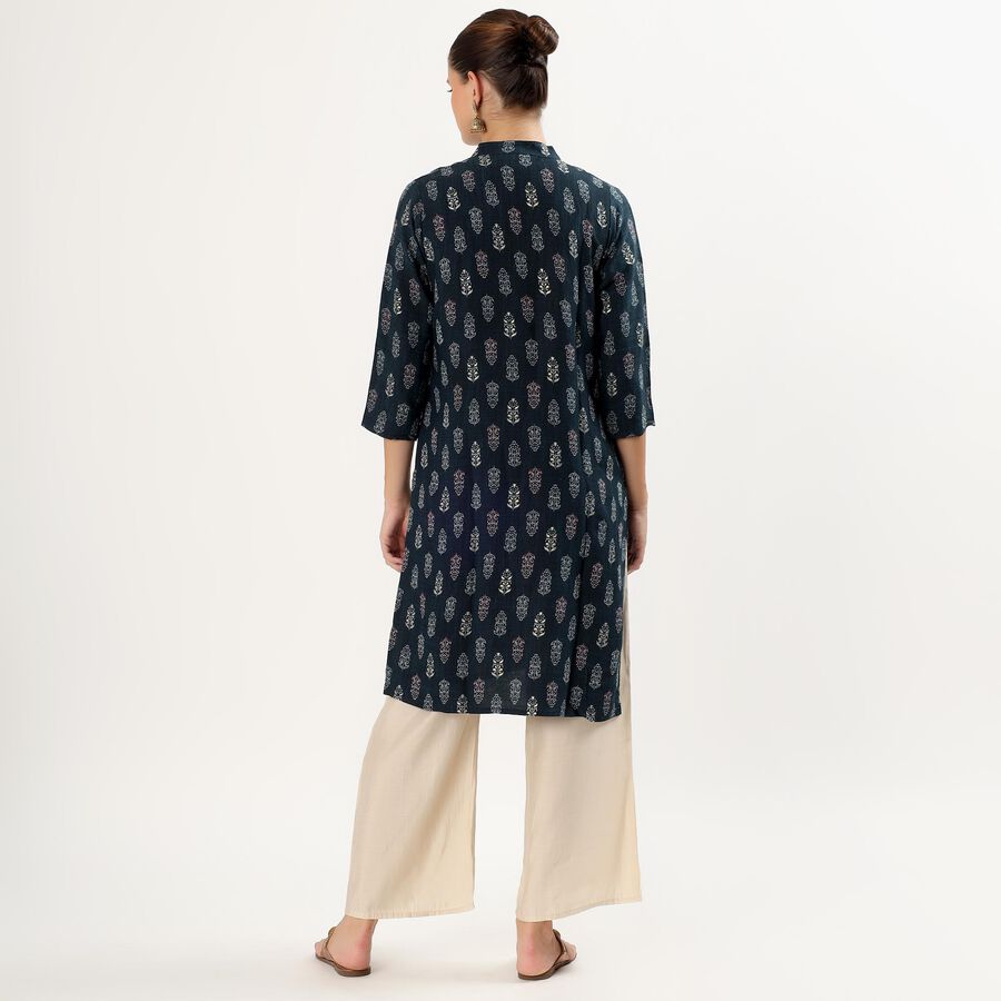 Women's Dark Midnight Blue Mandarin Collar Printed Kurta, Teal Blue, large image number null