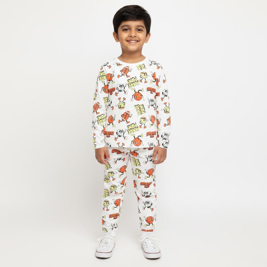 Boys' White Cotton Round Neck Cartoon Printed Baba Suit, सफ़ेद, large image number null