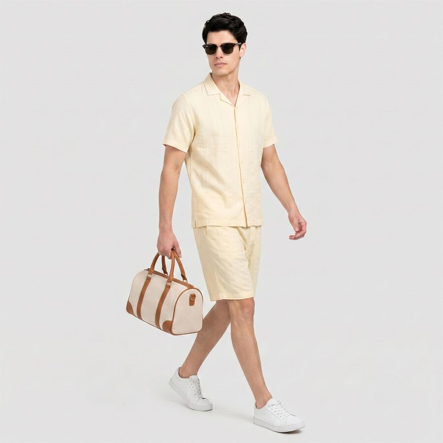 Men's Beige Cotton Cuban Collar Co-ord Set, Beige, large