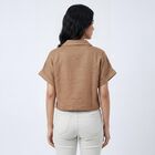 Women Beige Half Sleeve Notched Collar Casual Shirt, Beige, small