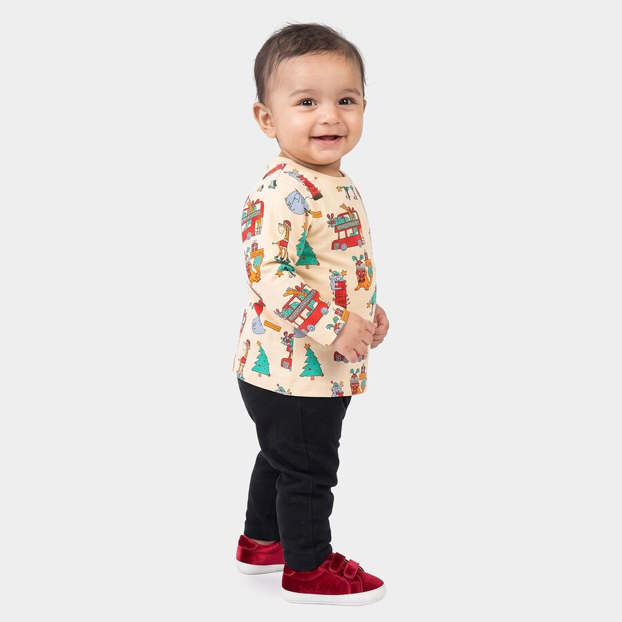 Infants' Beige 100% Cotton Round Neck Graphic Print Baba Suit, Beige, large