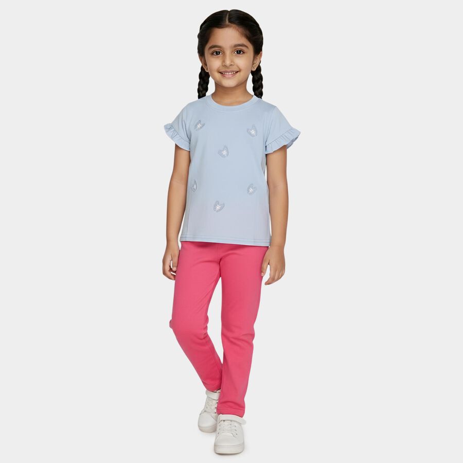 Girls Blue Cotton Round Neck Ruffle Sleeve Butterfly T-Shirt, Light Blue, large