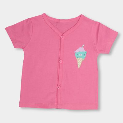 Kids' Bright Pink Cotton V-Neck Front Open T-Shirt