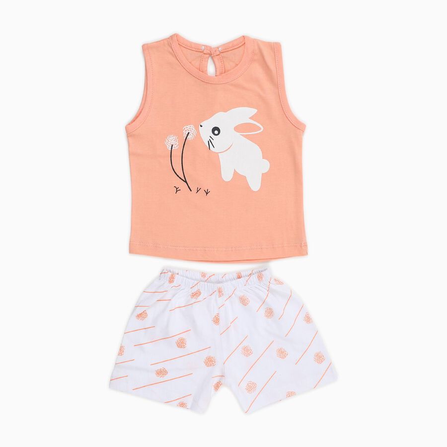 Infant Peach Cotton Sleeveless Casual Shorts Set, Peach, large