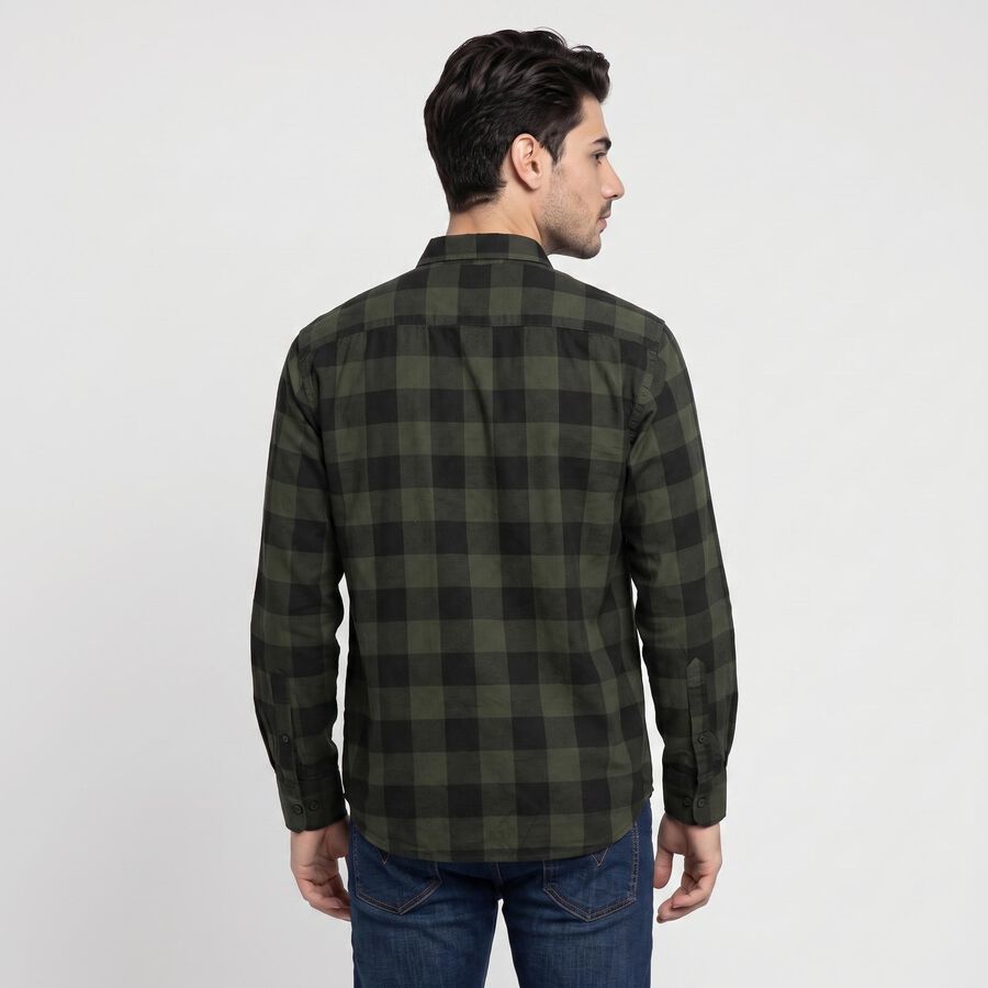 Men's Olive Green Cotton Long Sleeve Checked Shirt, Dark Green, large