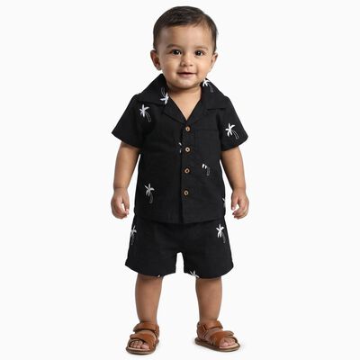 Infants' Black Cotton Collared Embroidered Baba Suit