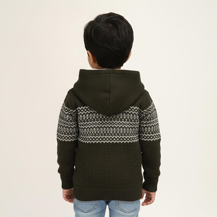 Boys Dark Olive Green Hooded Neck Casual Pullover, Olive, large image number null
