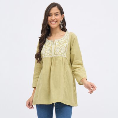 Women's Light Sage Green Cotton Round Neck Embroidered Kurti