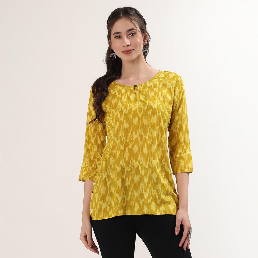 Women's Yellow Notch Neck Floral Printed Kurti, Yellow, large