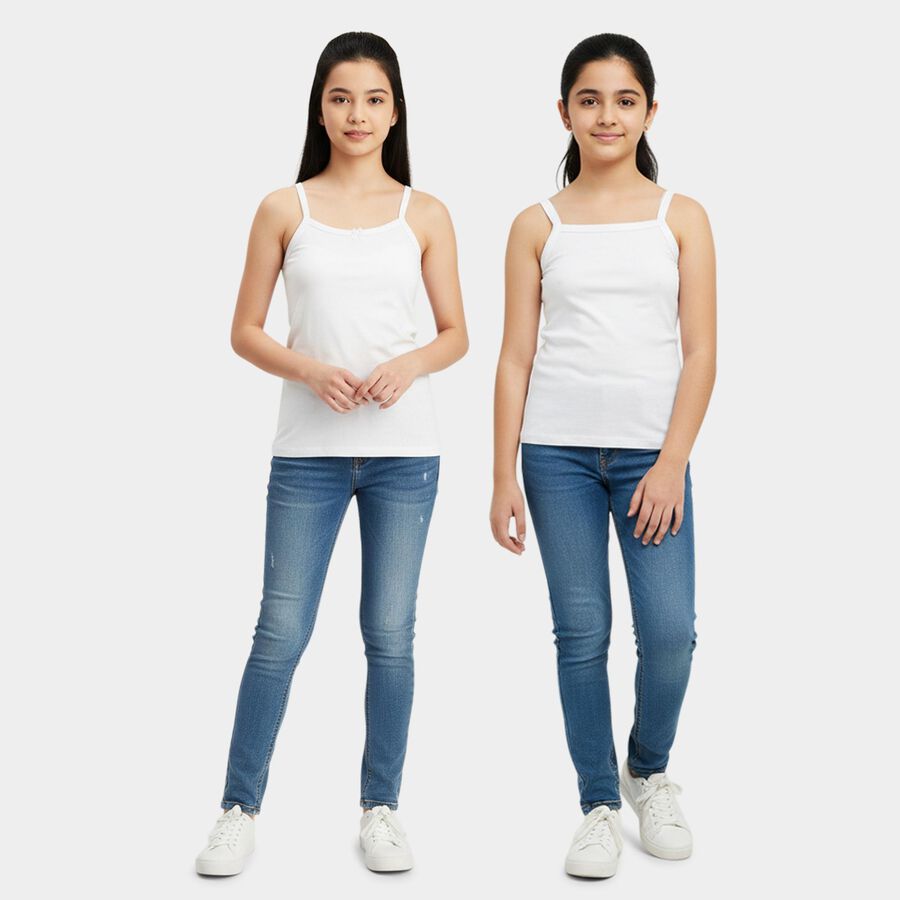 Girls' White Cotton Round Neck Minimalist Vest, सफ़ेद, large