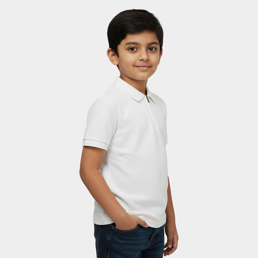 Boys White Cotton Round Neck Casual Half Sleeves T-Shirt, ऑफ व्हाइट, large
