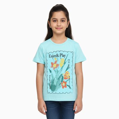 Girls Bright Aqua Blue Round Neck Casual T-Shirt