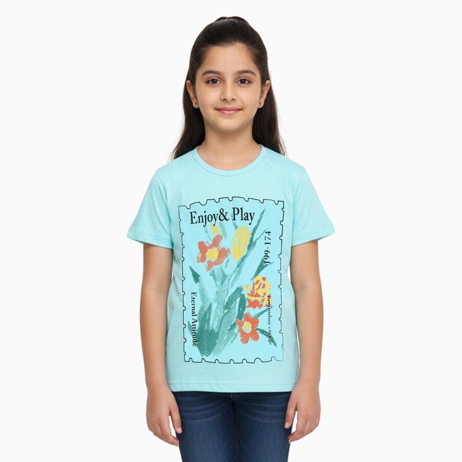 Girls Bright Aqua Blue Round Neck Casual T-Shirt, एक्वा, large image number null