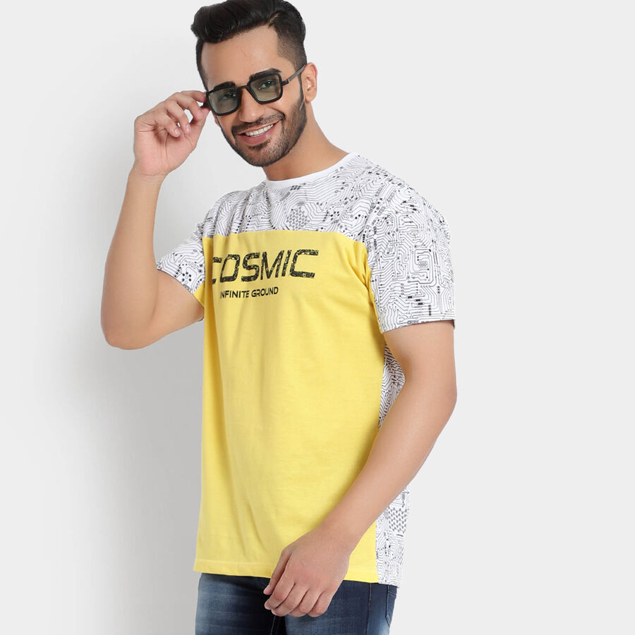 Cut & Sew Round Neck T-Shirt, Yellow, large image number null