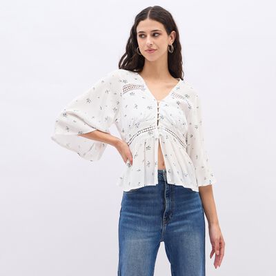 Women's Soft White Floral V Neck Bohemian Shirt&nbsp;