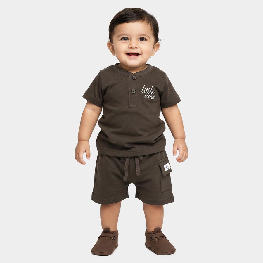 Infants' Charcoal 100% Cotton Henley Neck Printed Baba Suit, चारकोल, large