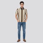 Men's Brown Round Neck Striped Regular T-Shirt, भूरा, small