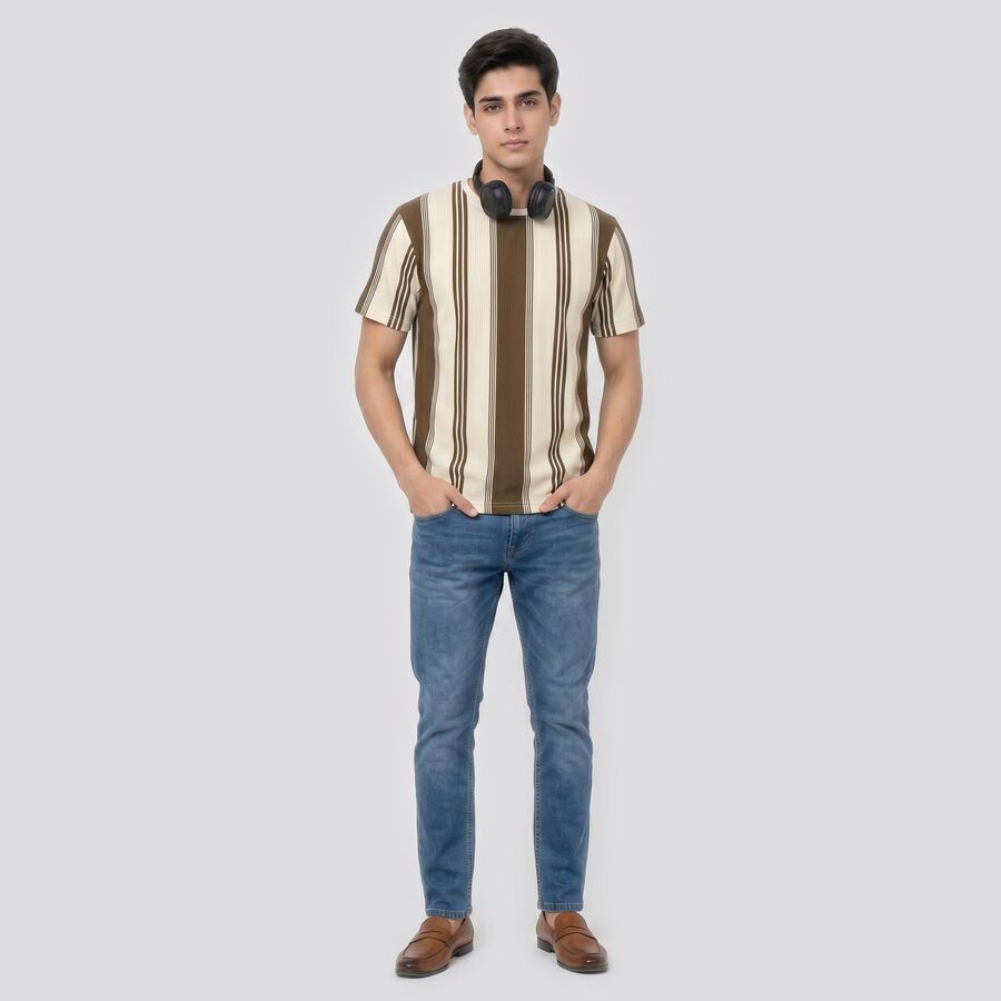 Men's Brown Round Neck Striped Regular T-Shirt, भूरा, large