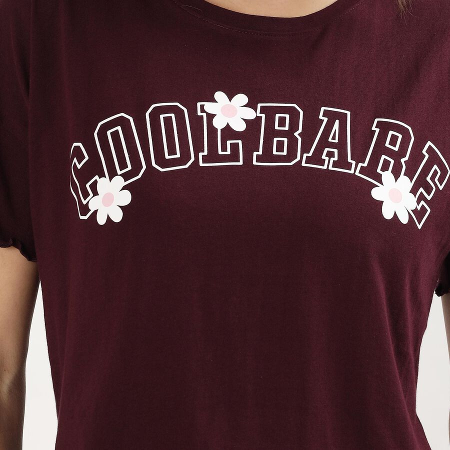 Women's Deep Wine Cotton Round Neck Casual T-Shirt, Wine, large