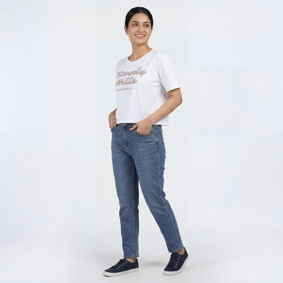 Women's White Cotton Round Neck Graphic Printed T-Shirt, White, large