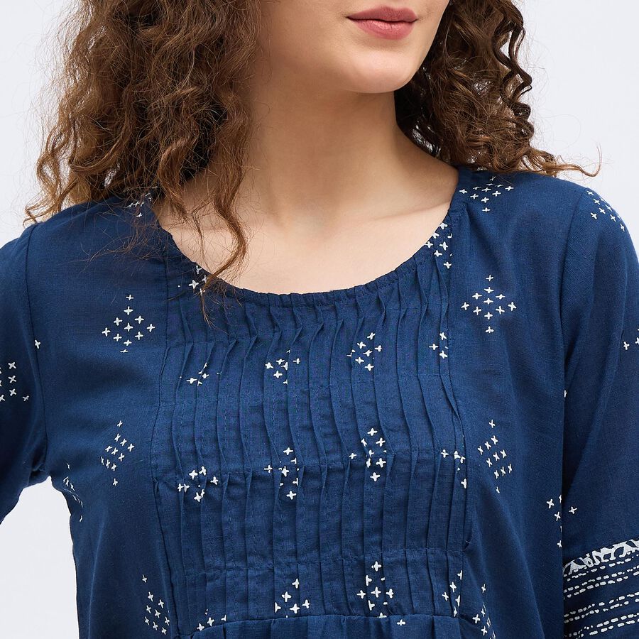 Women's Dark Blue Cotton Round Neck Printed Kurti, Dark Blue, large image number null