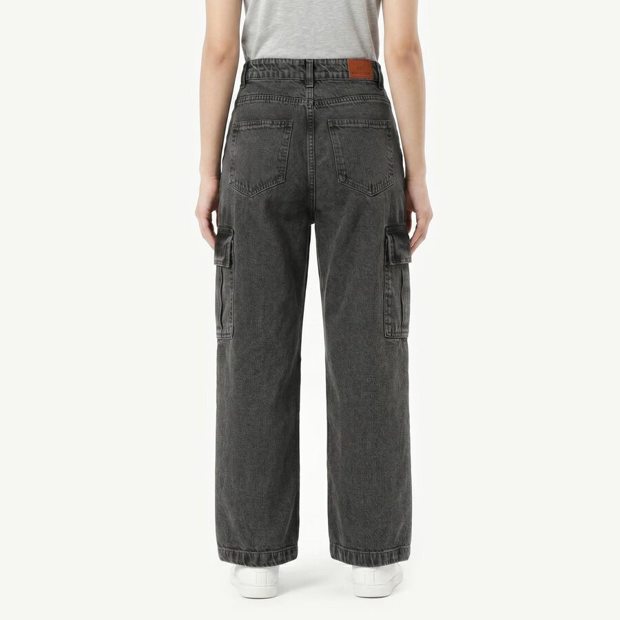 Women's Dark Grey Relaxed Fit Cargo Jeans, Dark Grey, large