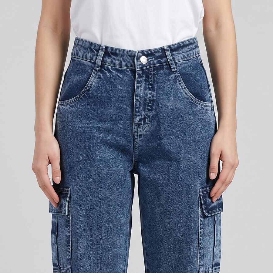 Women's Blue Relaxed Fit Cargo Jeans, Mid Blue, large
