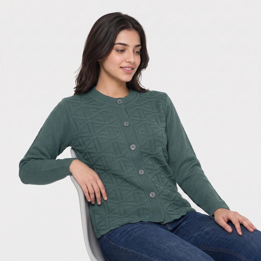 Women Green Round Neck Button-Front Cardigan, Dark Green, large