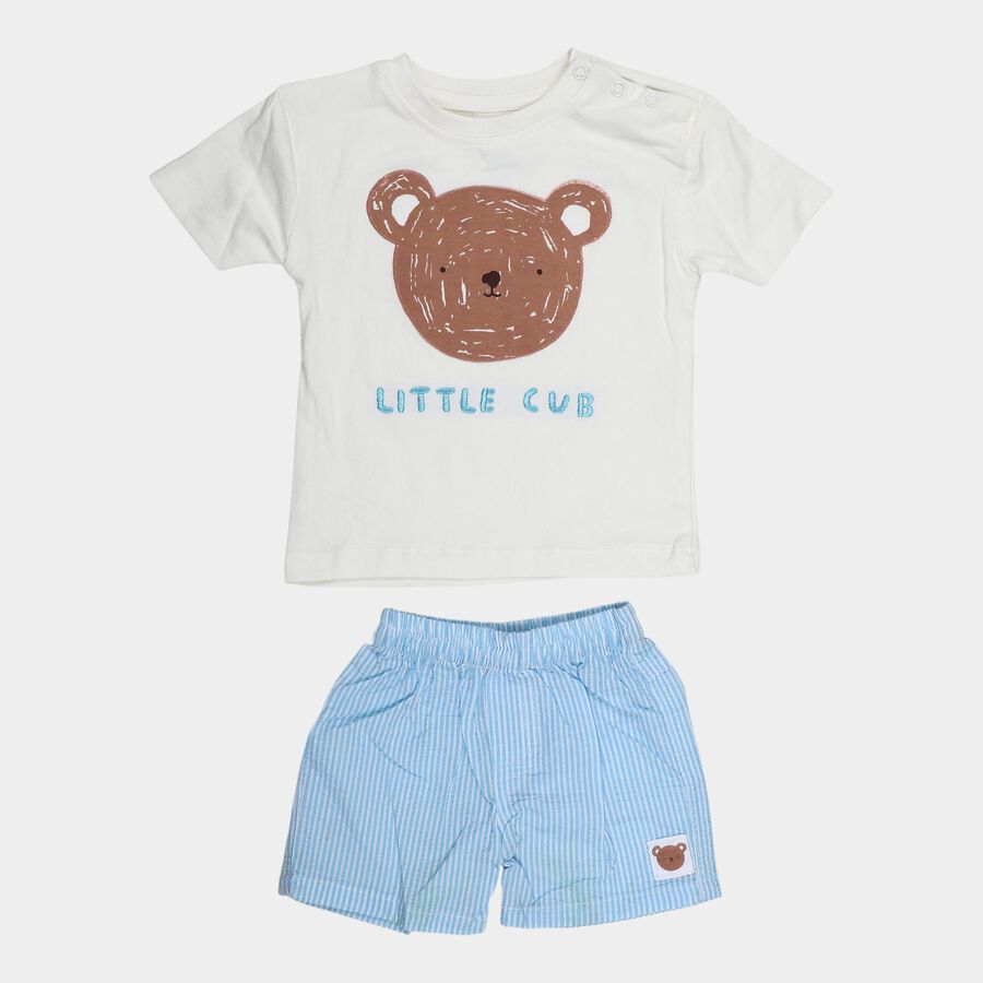 Infants' Light Blue Cotton Round Neck Bear Printed Baba Suit, Light Blue, large