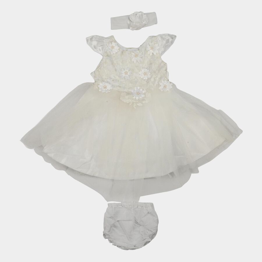 Infants' White Fit and Flare Floral Applique Party Wear Frock, सफ़ेद, large