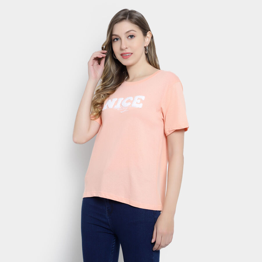 Embellished Round Neck T-Shirt, Peach, large image number null
