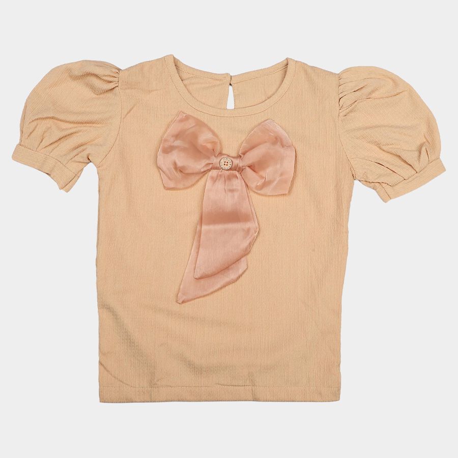 Girls Peach Round Neck Regular T-Shirt, पीच, large